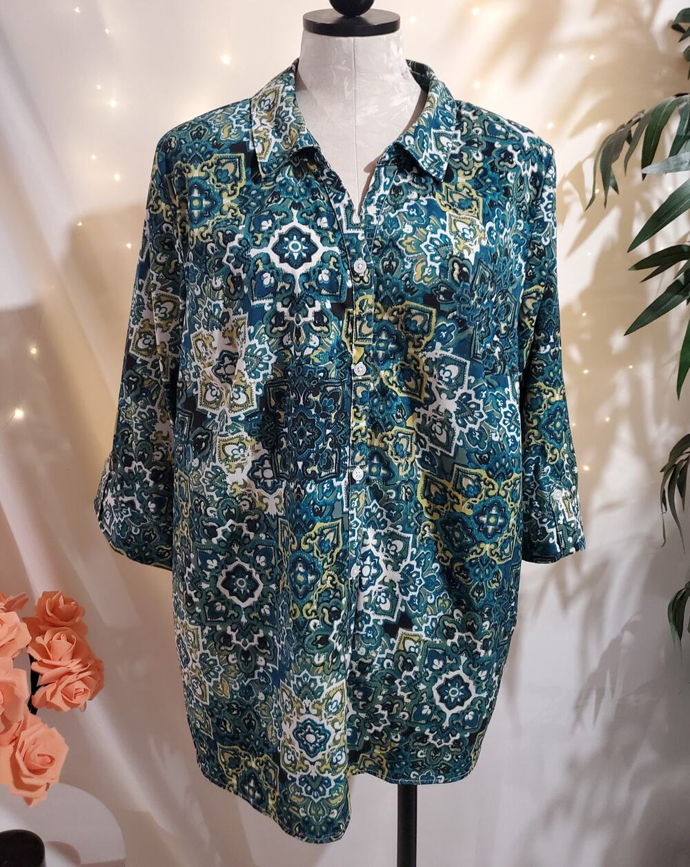 Catherines Mandala Button Up 1/2 Sleeve Top Womens Plus Size 2X Paisley Boho